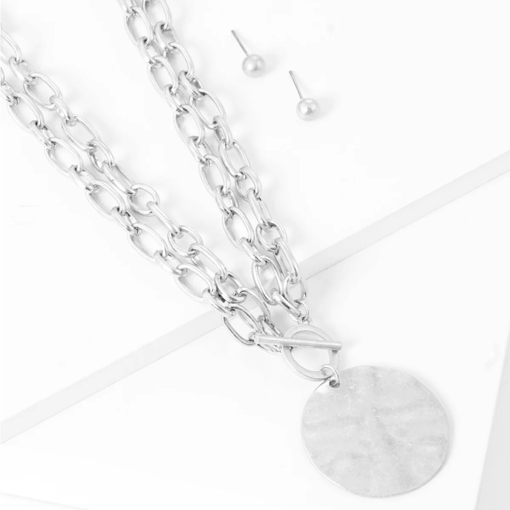 Hammered Disc Pendant Necklace & Earrings Set